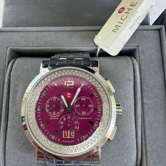NWT Michele Silver Watch with Magenta Dial and Diamond Bezel